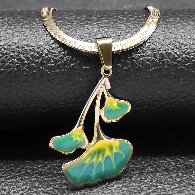 Goth Red Ginkgo Leaves Pendant Necklace for Women Stainless Steel Gold Color Leaf Charm Snake Chain Jewelry colar NZZZ380S01