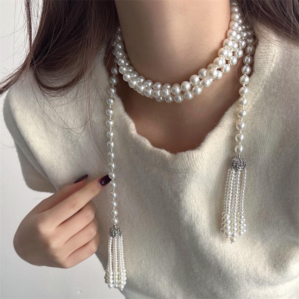 Exaggerate Pearl Beaded Necklace Tassel Multilayer Necklace Temperament Waistband  Women