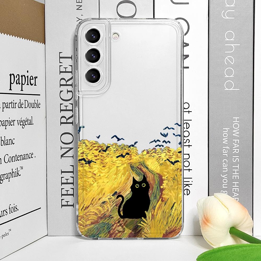 Vintage Oil Painting Van-Gogh Black Cat Phone Case for Samsung Galaxy A14 A16 A55 A54 A36 A53 A13 A15 A25 5G Scenery Clear Cover