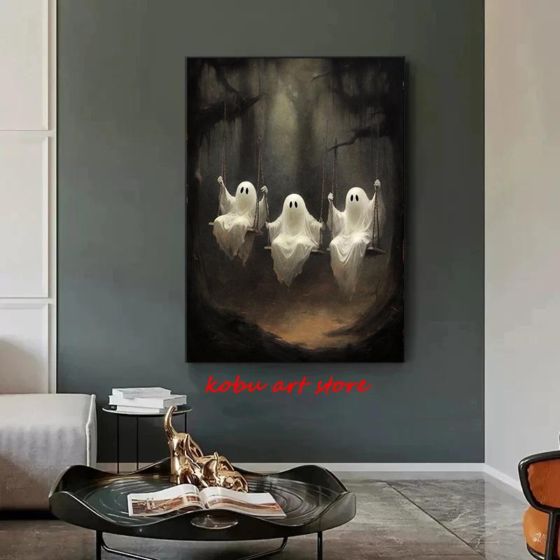 Dark Academia Flowers Ghost Woods Pumpkins Vintage Posters Prints Canvas Painting Wall Art Picture Gothic Halloween Spooky Decor