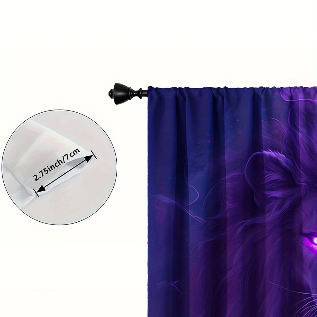 Set Of 2 Curtains Featuring Dark Purple Lion Patterns Flowing Mist Glowing Eyes Showcasing Unique Fantasy Curtain Blackout Polyester