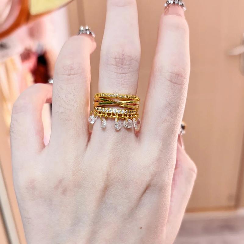 Brushed Cross Lines Zircon Water Droplet Pendant Open Ring For Women Vintage French Niche Luxury Jewelry Gift Wholesale