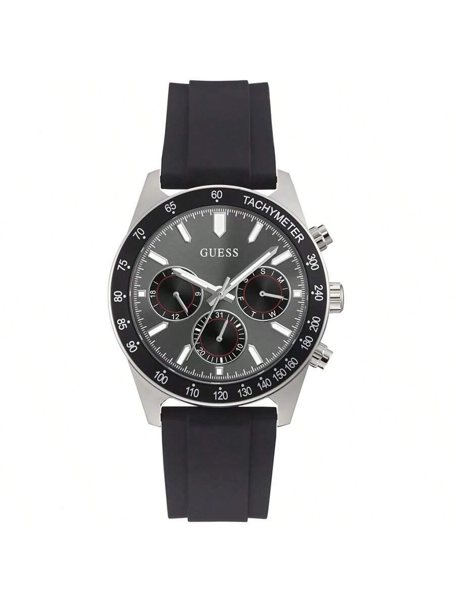 

Guess Men s Fashionable and Sporty Multi-Function Round Dial Black Silicone Quartz Watch for Daily Outdoor Wear Ideal Holiday Gift for Men GW0332G2 срібний