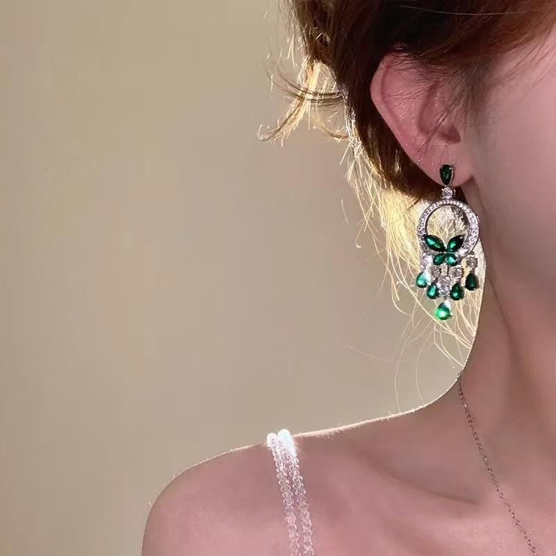 French Vintage Emerald Butterfly Tassel Earrings Earrings Heavy Industry Micro-Set Zircon Dinner Dress Pendant Necklace Women