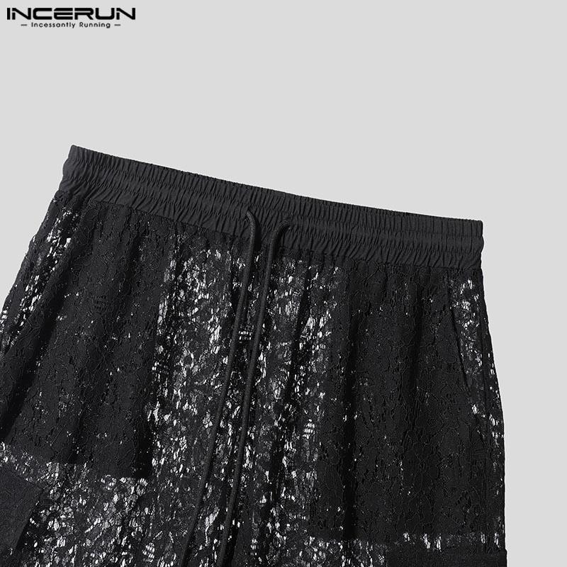 INCERUN Męskie elastyczne w pasie koronkowe ażurowe prześwitujące bez podszewki zakrywające krótkie szerokie spodnie