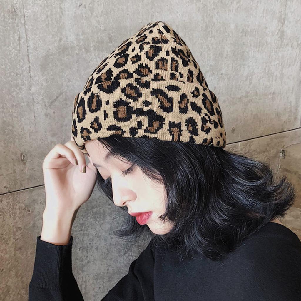 Vintage Leopard Print Knitted Beanies Hat Women Autumn Winter Elastic Crochet Ear Protection Hat Girls Anti-cold Pullover Cap