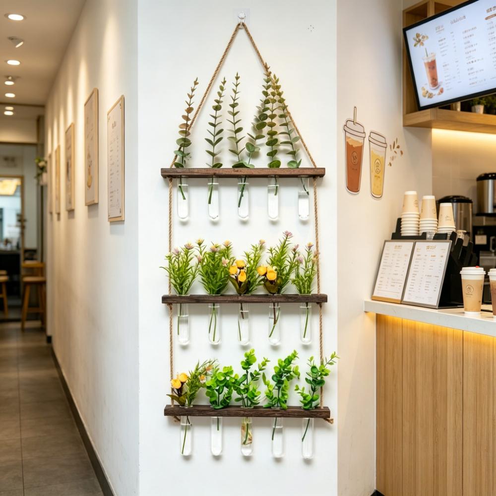 Wall Hanging Propagation Station with Wooden Stand Glass Test Tubes Garden Decor for Floral Arrangements Home Office Decor