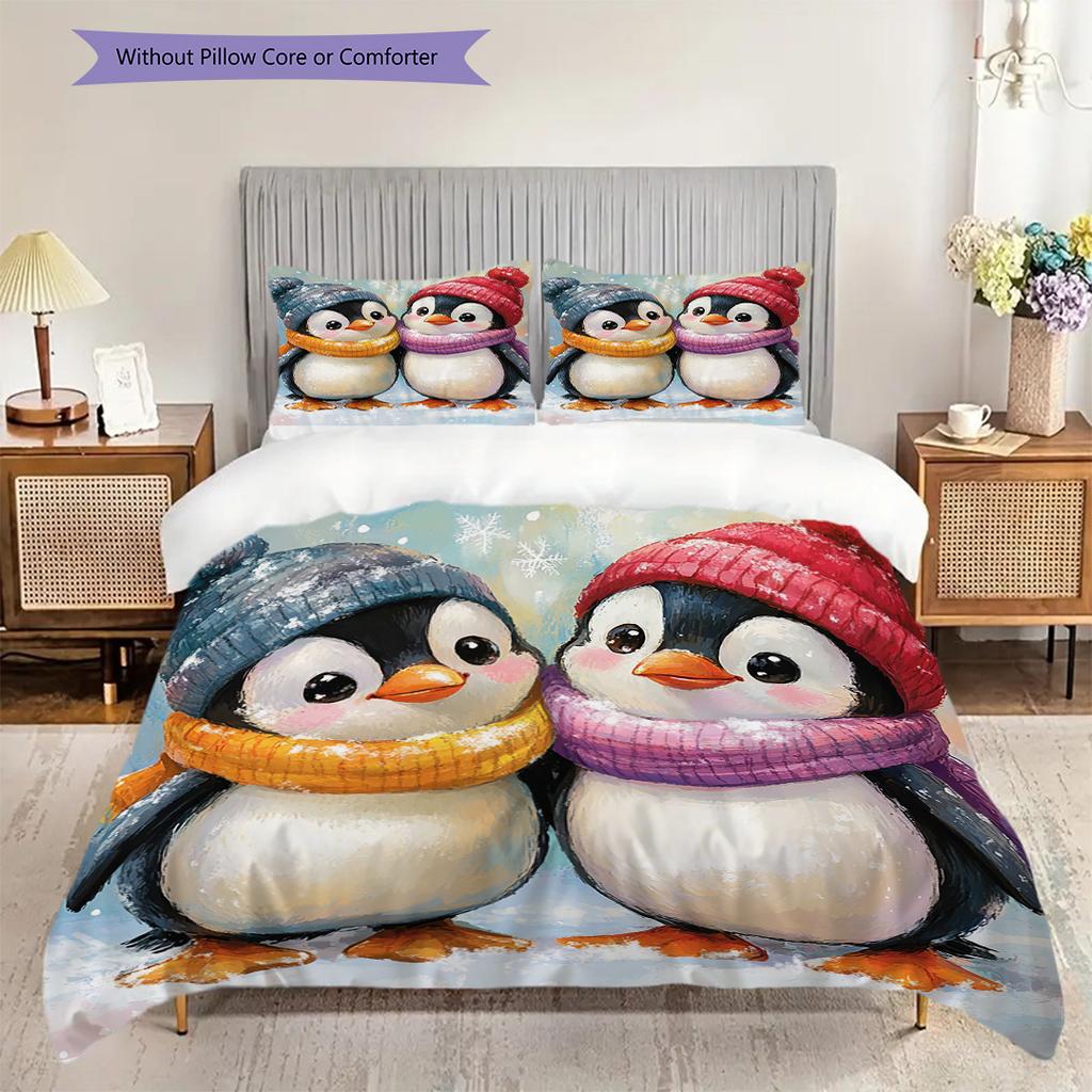 Penguin Pattern Bedding Quilt Set Quilt Cover Pillowcase Home Decoration Birthday Gift (1 * duvet cover + 2 * pillowcase, without core)