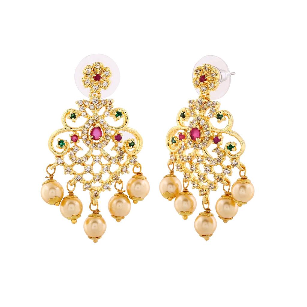 Boucles d'oreilles pour femme Estele CZ Manbhavan plaquées or, perles et cristaux multicolores