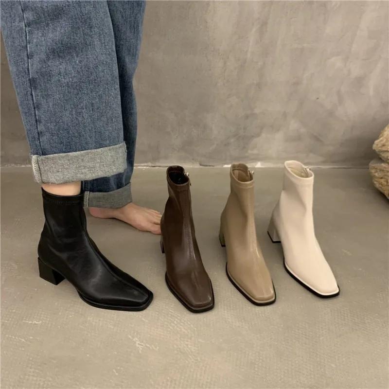 Autumn Winter Fashion Design Heel Ankle Boot Square Toe Zipper Ladies Casual Boots Shoes Soft Leather Short Boot