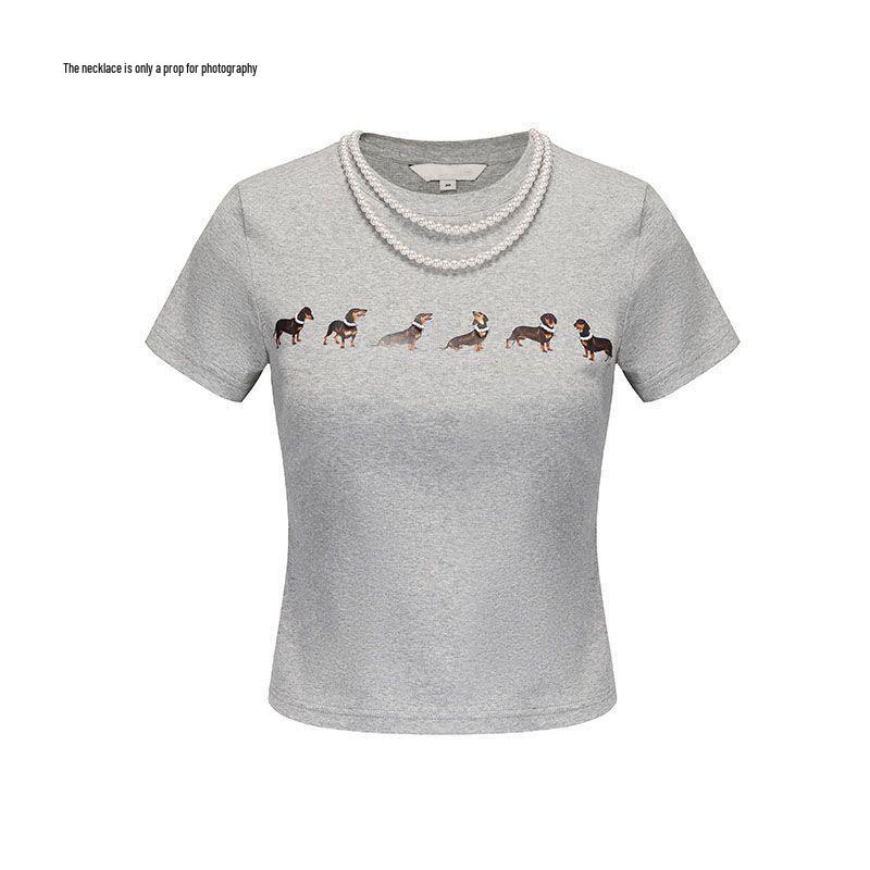 Dachshund Print Grey Slim Fit Summer T-Shirt
