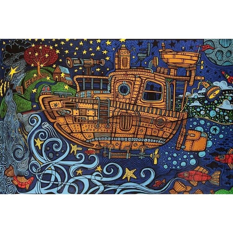 Tapestry of a large psychedelic tugboat in steampunk style 75x100