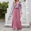 women's Collared Abstract Print Long Sleeve Shirt High Waist Wide Leg Pant Casual Two Piece Outfit Set