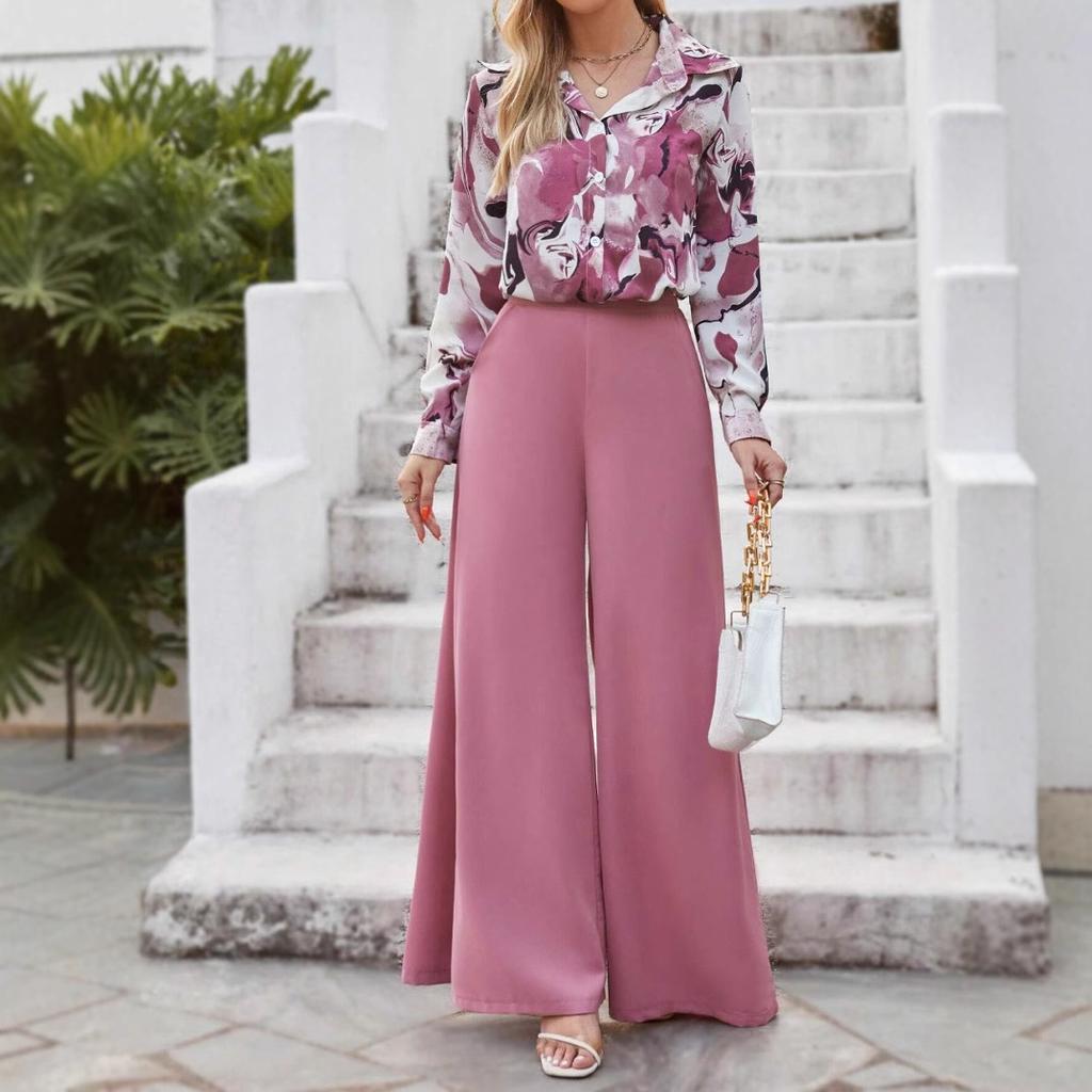 women's Collared Abstract Print Long Sleeve Shirt High Waist Wide Leg Pant Casual Two Piece Outfit Set