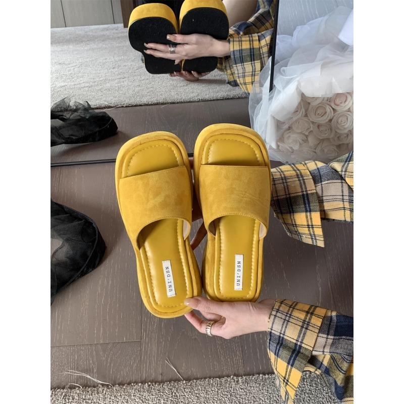 Premium sense thick bottom one-word drag women's summer outer wear design sense niche muffin open toe cool slippers