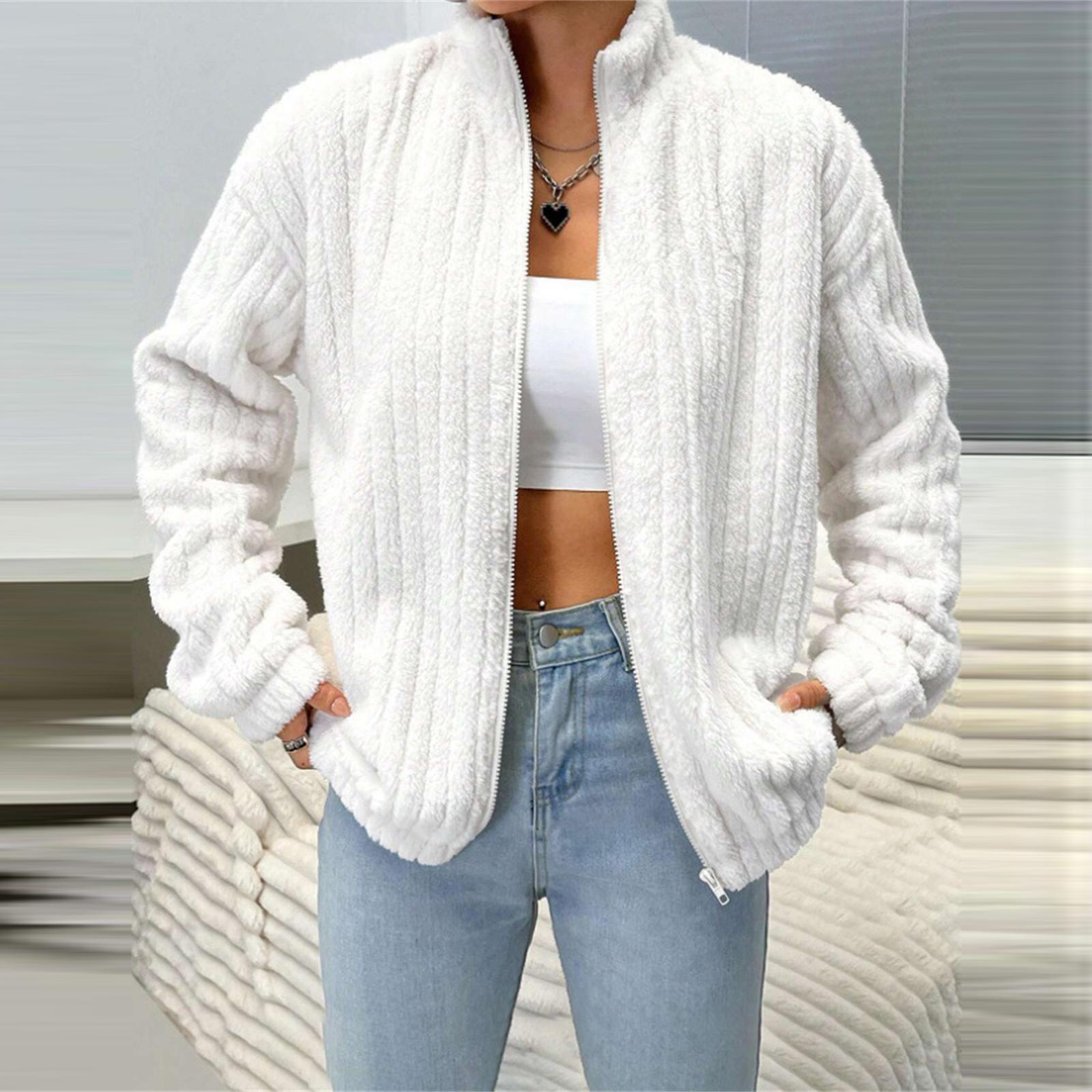 

Женский модный повседневный однотонный кардиган из рубчатого флиса на молнии со стойкой и короткая куртка M белый