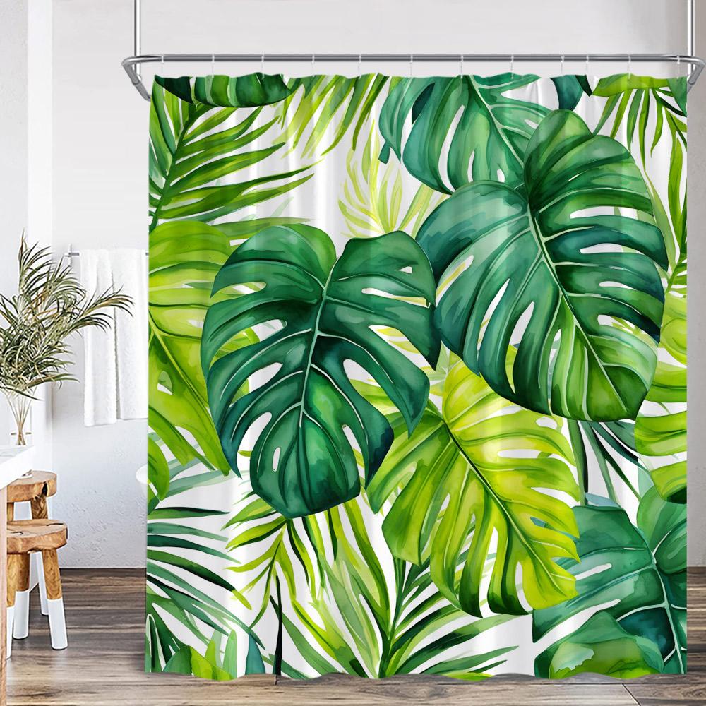 Tropical Leaf Shower Curtain Green Leaves Tropics Jungle Flower Floral Bathroom Decor Plants Polyester Bathtub Curtain with Hook