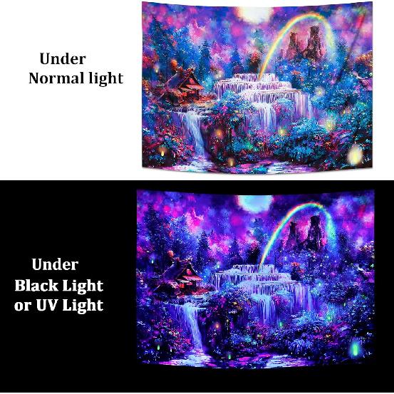 Racunbula Blacklight Tapestry Fantasy Forest Tapestry UV Reactive Waterfall Rainbow Tapestries Misty Jungle Plants Nature Landscape Tapestries Wall