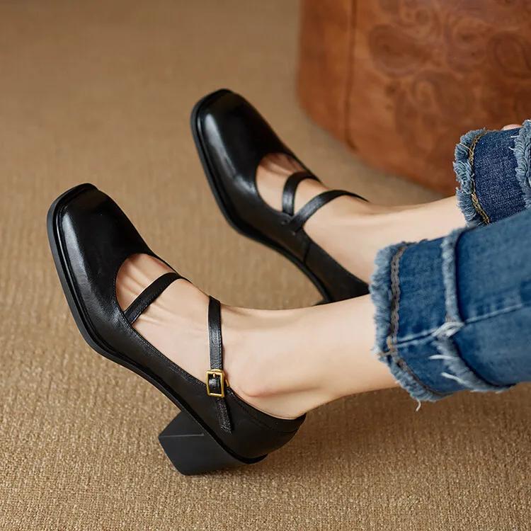 

Туфли-лодочки Janes Vintage Black, женские, с пряжкой, нескользящие, повседневные, на среднем каблуке, офисные туфли, элегантные, на высоком каблуке, новые 35 чёрный