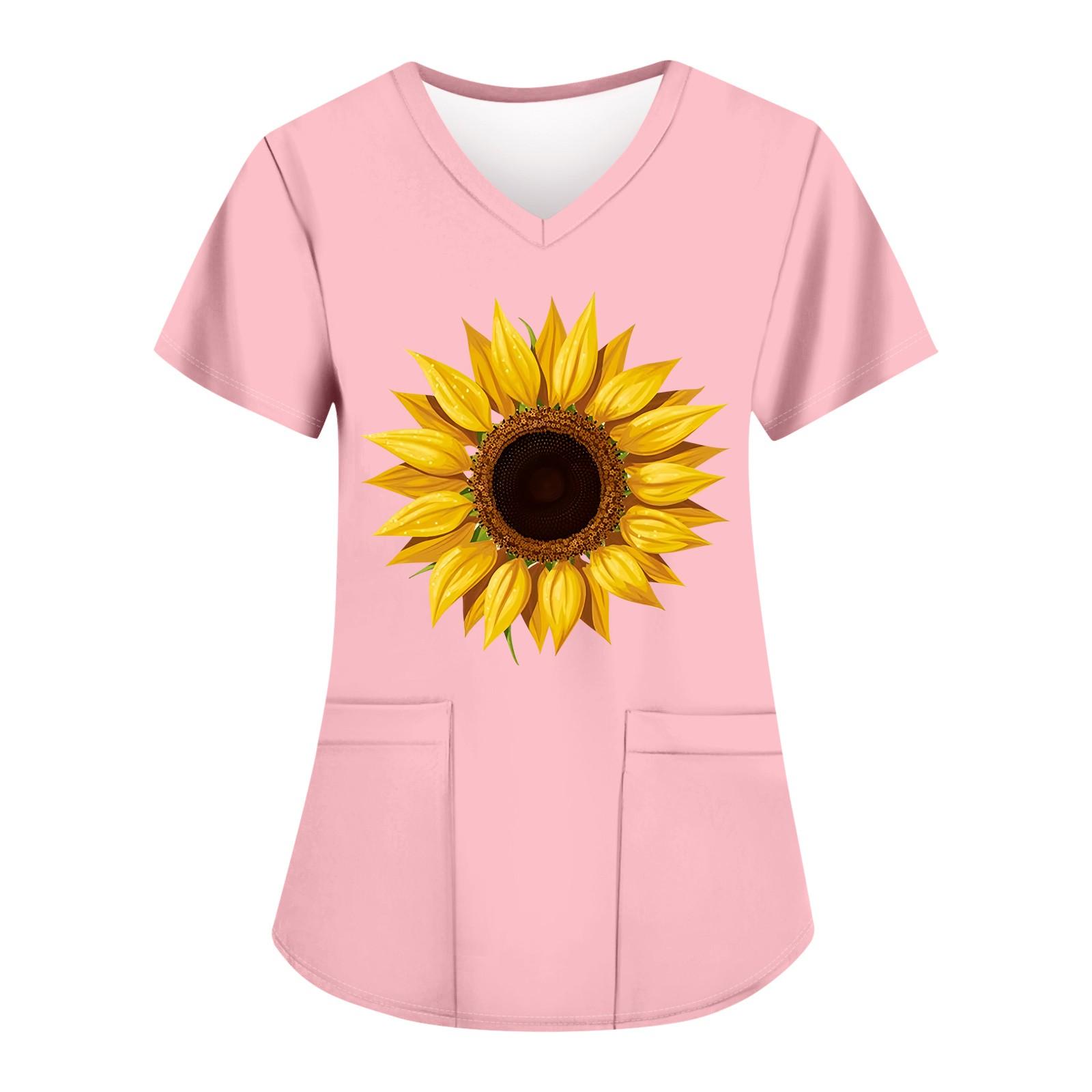 

Женские модные топы с короткими рукавами и V-образным вырезом с принтом, рабочие футболки с карманами M розовый