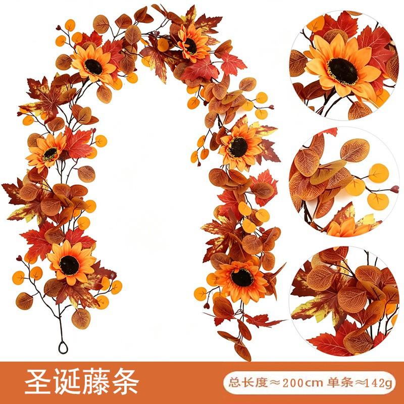 Harvest Wreath With Artificial Maple Leaves Pumpkins Sunflowers On Vine Base Thanksgiving Fall Decor