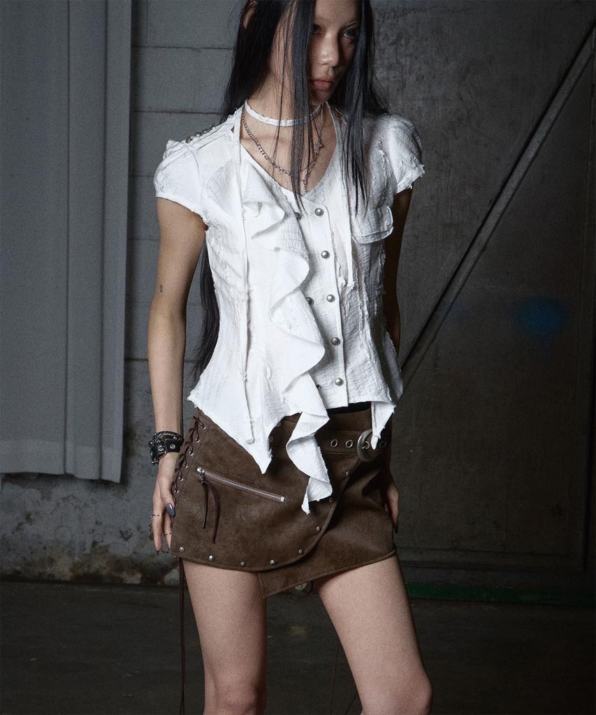Nasnoing Stud Lace-Up Wrap Skirt (Brown)
