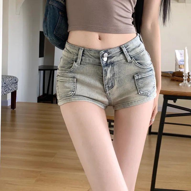 American Spicy Girl Low-Rise Women s Retro Ultra-Shorts: Flattering, Slim-Fit, Light-Colored, Hip-Hugging Denim for Summer S синий