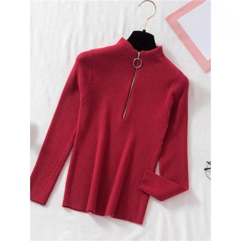 Women Fashion Solid Knitted Sweaters Vintage Long Sleeve Zip-up Basic Half Turtleneck Sweater Female Pullovers Chic Casual Tops
