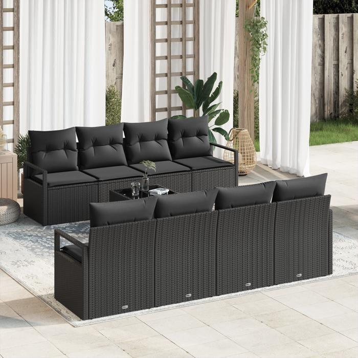 Ensemble de Sofa de Jardin 9 Pièces avec Coussins Noir Poly Rattan, Sofa de Jardin 2 Places avec Coussins Noir Poly Rattan 3346313
