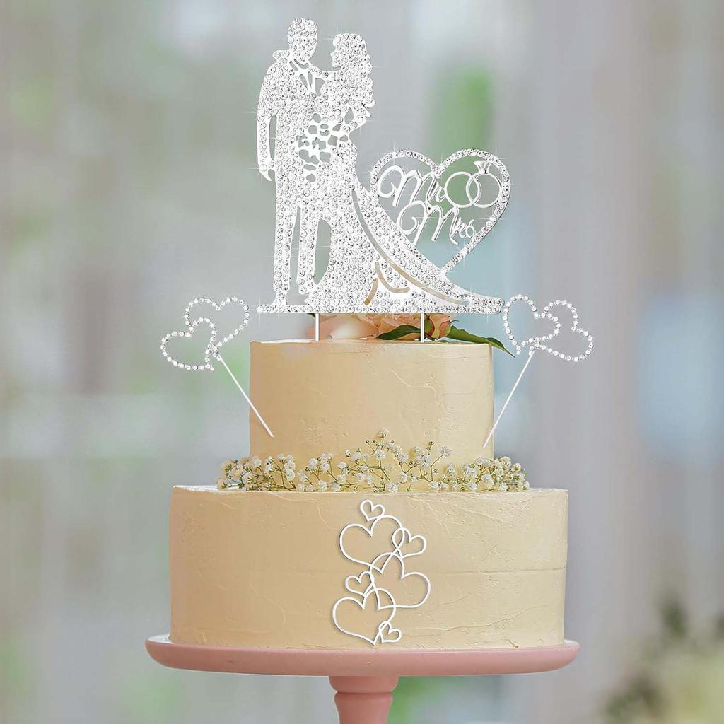 Silver Rhinestone Metal Love Wedding Cake Topper Mr and Mrs Cake Topper  Anniversary Cake Topper Heart Cake Topper for Wedding