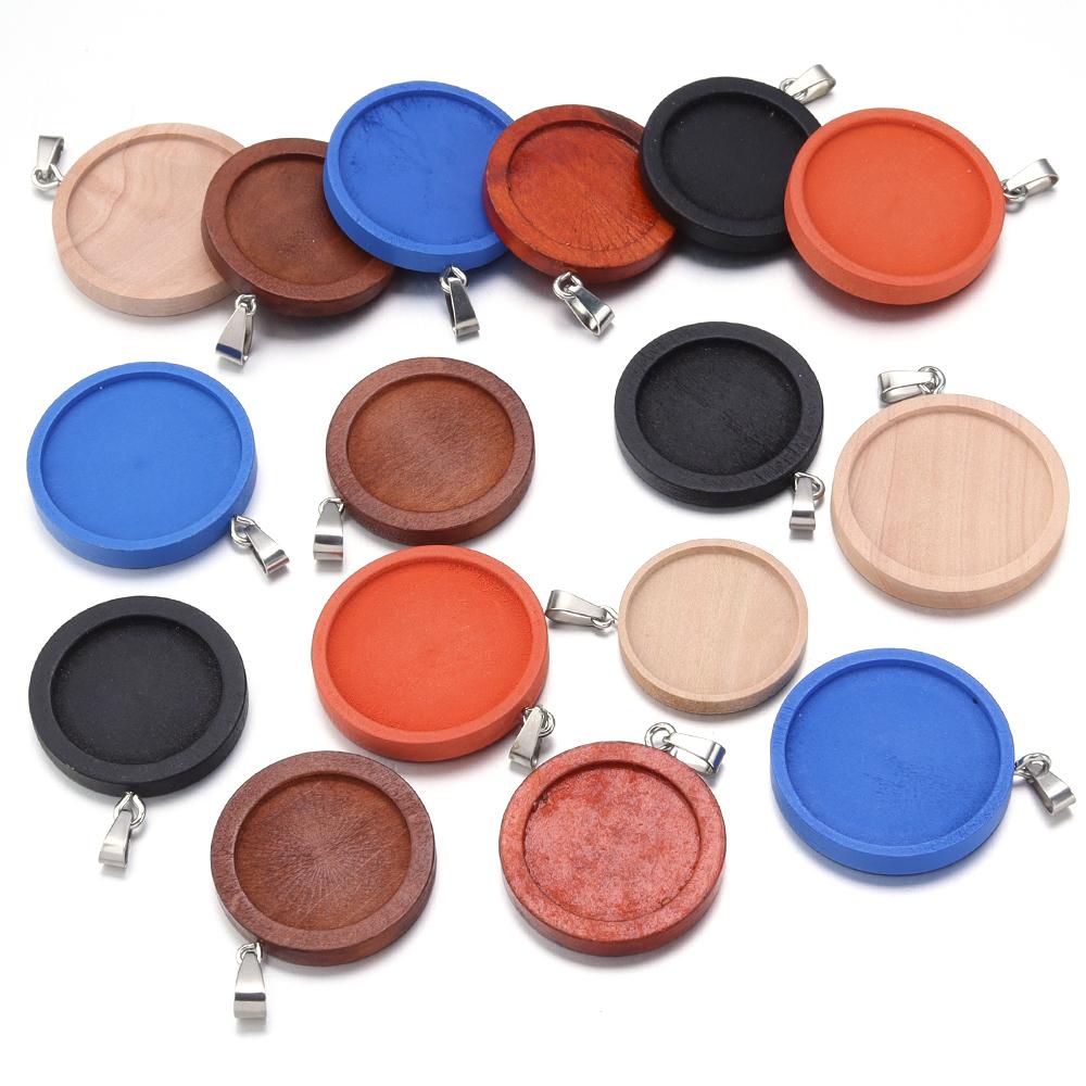 Natural Wood Round Tray 25/30mm Color Retro Blank Set Cabochon Charms for Jewelry Making Accessory DIY Necklace Earring Pendant