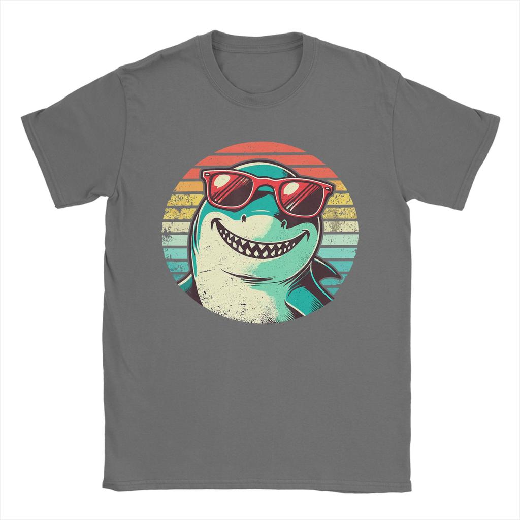 Cool Shark with Sunglasses Retro Sunset Cotton T Shirt For Couple Summer TShirts Crew Neck Leisure Tee Shirt Plus Size Tops