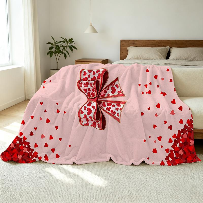 Coperta in Flanella Anti-Pilling, Calda e Morbida, Design a Cuore e Fiocco, Per Tutte le Stagioni, Ideale per Uso Domestico e Regali di San Valentino