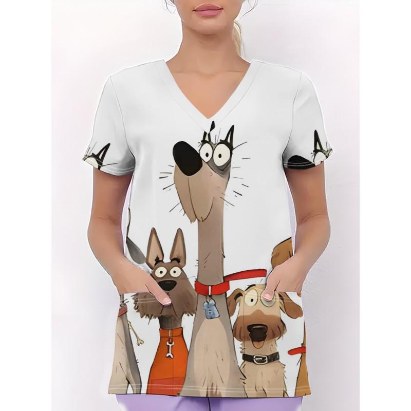 Womens V-Neck Short Sleeve Nursing Scrub Top With 3D Cartoon Print Comfortable Workwear Casual Medical Uniform