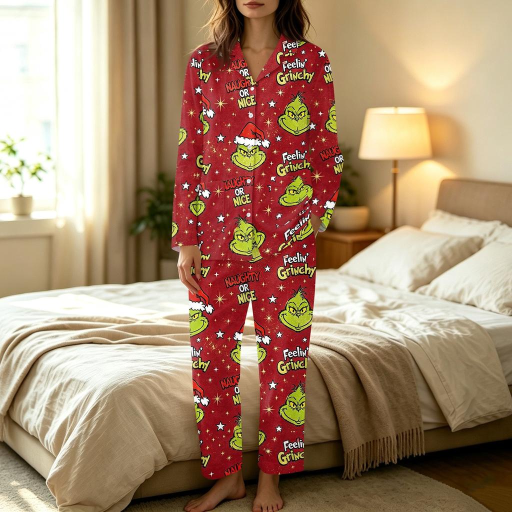 Women's Casual Long Sleeve Set with Pants, Holiday Print, Comfortable Loungewear for Home