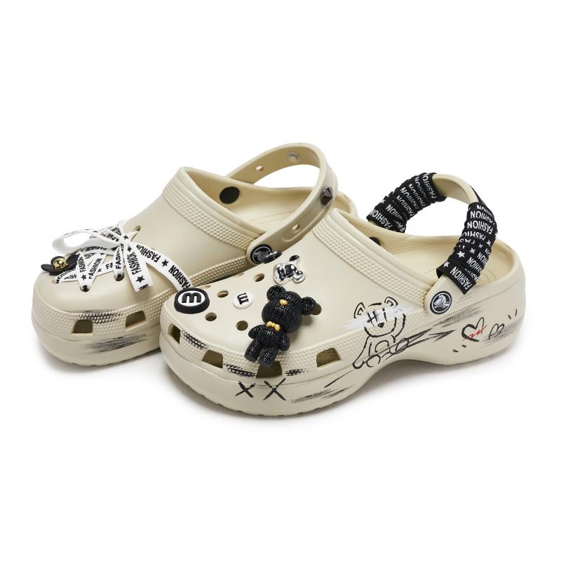 Crocs Classic Platform Clog EVA Graffiti Fashion Trend Comfort Gift Box Hole Shoes Women's Bone White and Black