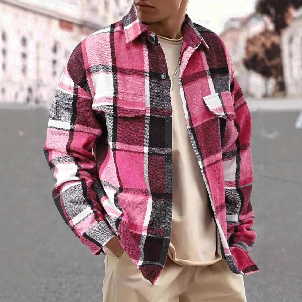 Men's Retro Plaid Brushed Long Sleeve Shirt Jacket with Elegant Lapel