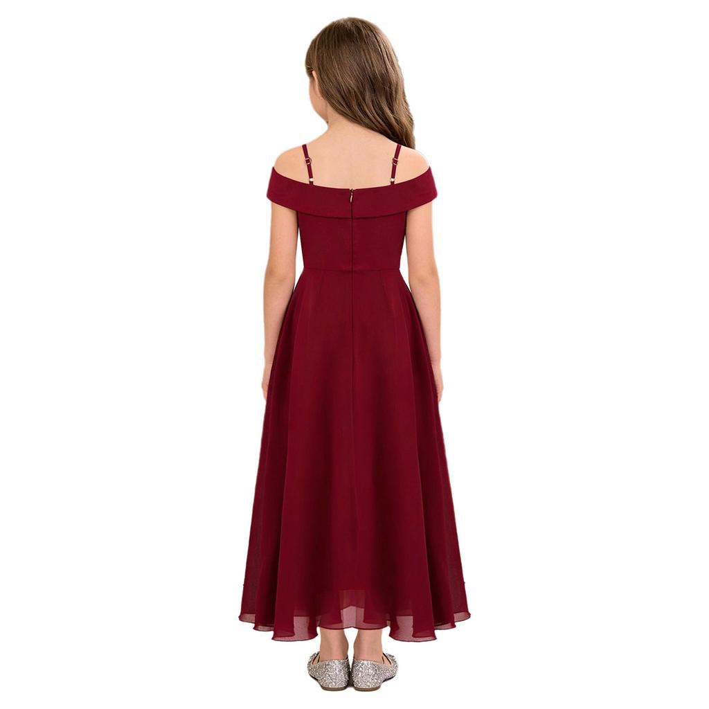 Girls Elegant Chiffon Party Dress Off the Shoulder Spaghetti Strap Adjustable A-Line Floor Length Gown