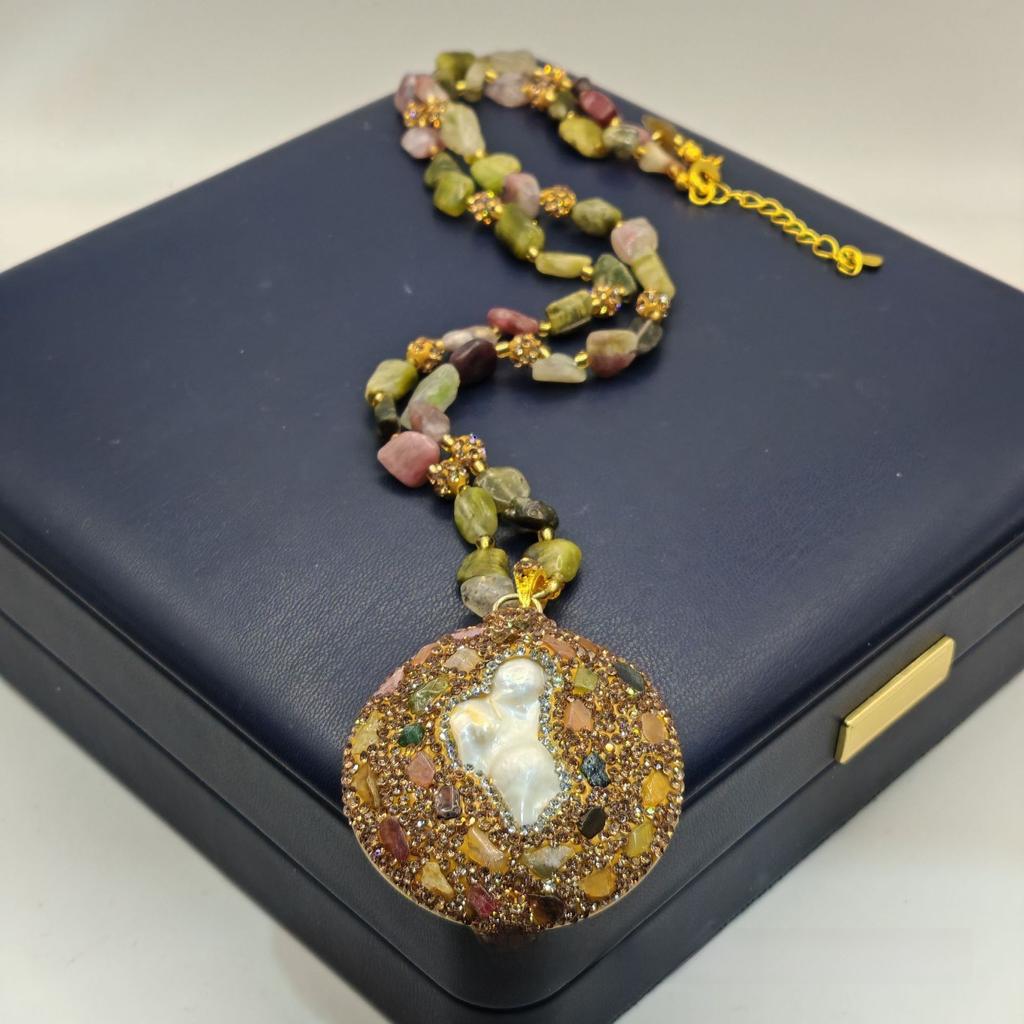 Natural Baroque freshwater pearl tourmaline inlaid four piece set, personalized medieval necklace, niche accessory