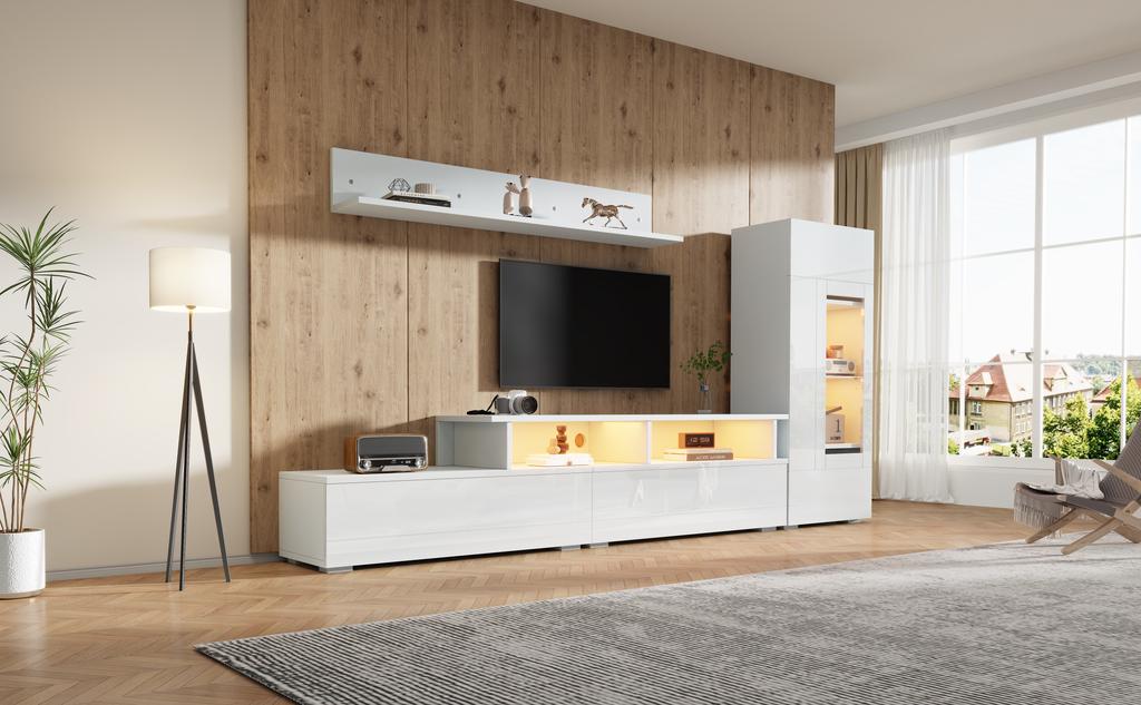 Set Mobile TV da Parete, 3 Pezzi, Illuminazione LED, Laccato Lucido, Soggiorno, 1 x Mobile TV, 1 x Vetrina Soggiorno, 1 x Mensola a Muro, TV fino a 75' Bianco
