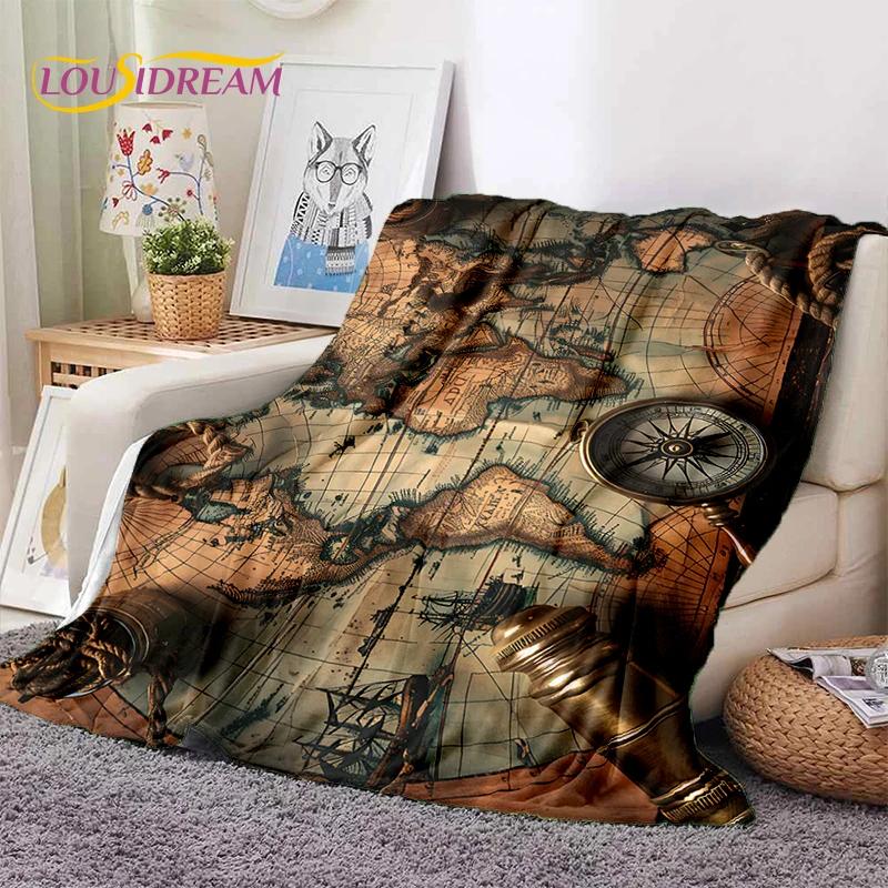 Retro Antike Seekarte Kraft Weltkarte Kompass Weiche Decke, Weiche Überwurfdecke für Zuhause Schlafzimmer Bett Sofa Abdeckung Kind