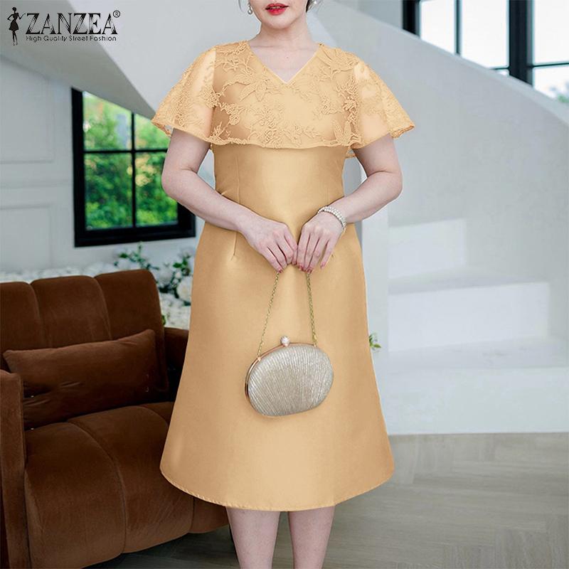 ZANZEA Elegant Women V Neck Short Sleeve Lace Patchwork Smooth A-line Dress Nonelastic