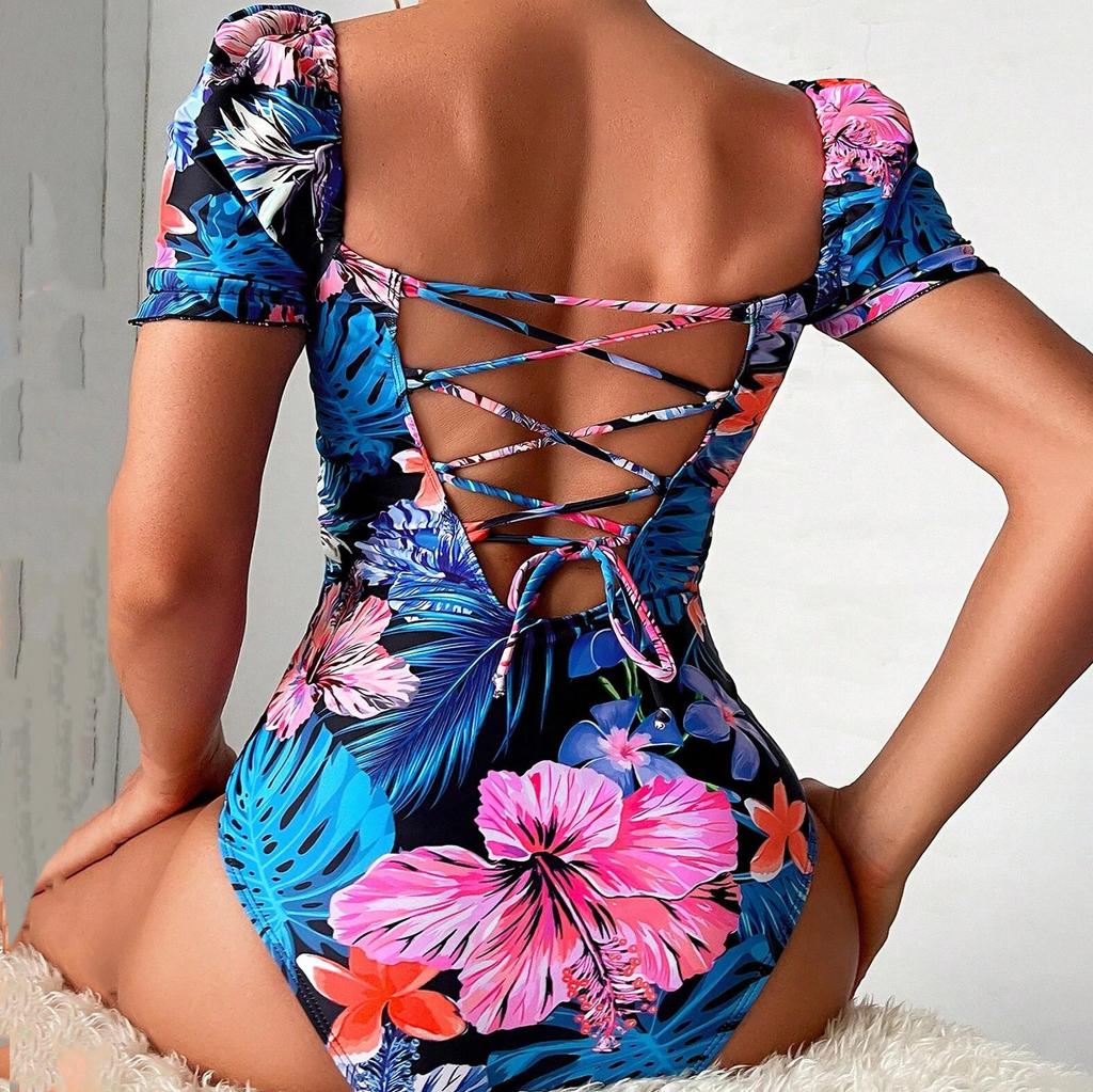 Swimsuit Women's Split One Piece Set High Waist Short Sleeve Ins Overshirt Drawstring Printed Bikini Suits