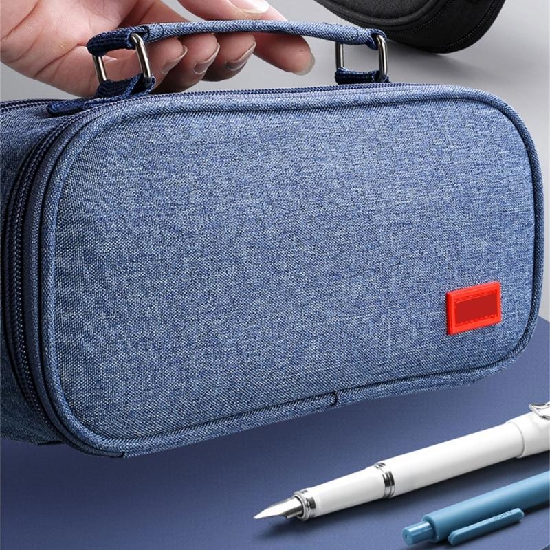 High Capacity Pen Case with Handle 5 Section Canvas Pencil Case Large Pencil Pouches Travel Cosmetic Bag 24x8.5x11cm