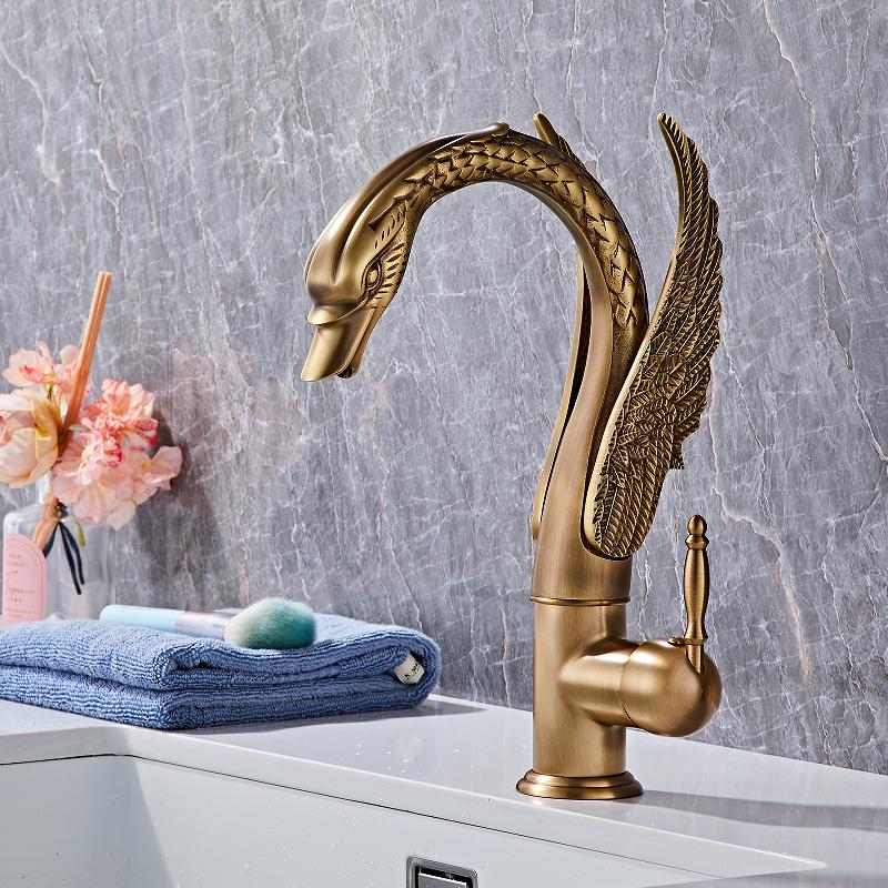 

Tuqiu Gold Swan Змішувач для ванної кімнати Античний латунний змішувач для раковини Змішувач для раковини Хромований змішувач для умивальника Гарячий і холодний змішувач з водоспадом