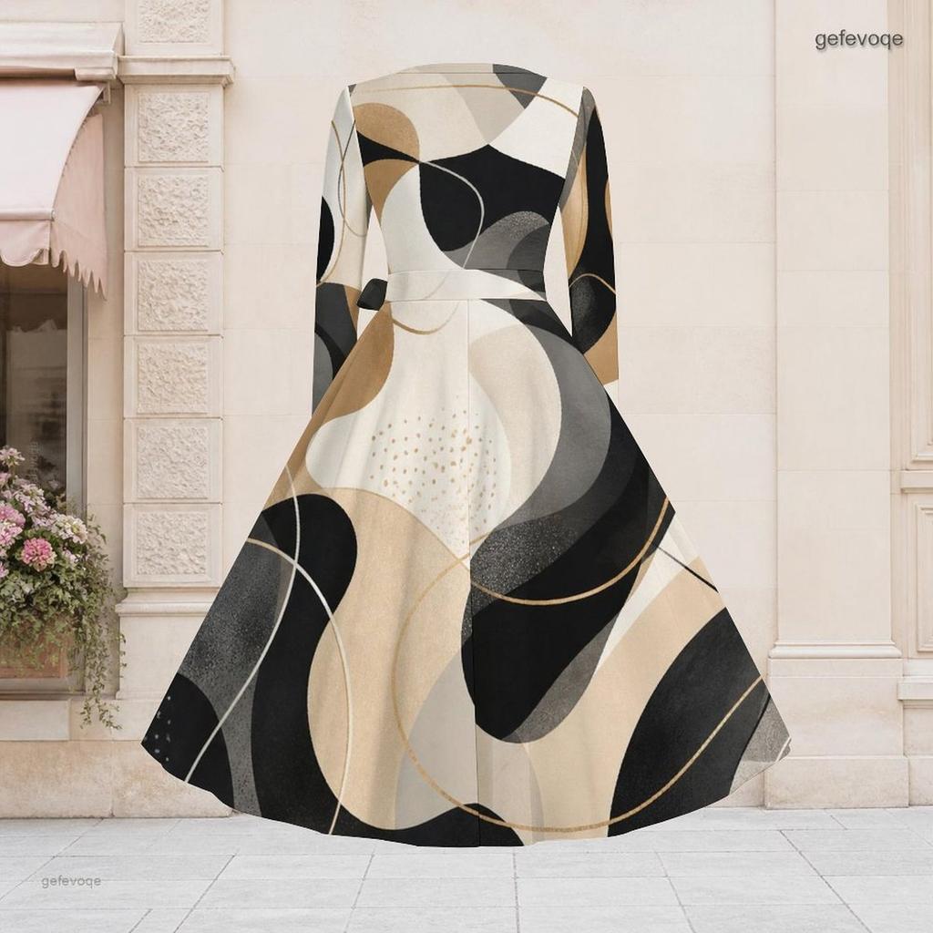 Women Plus Size V Neck Long Sleeve Printed A Line Flared Midi Dress With Belt