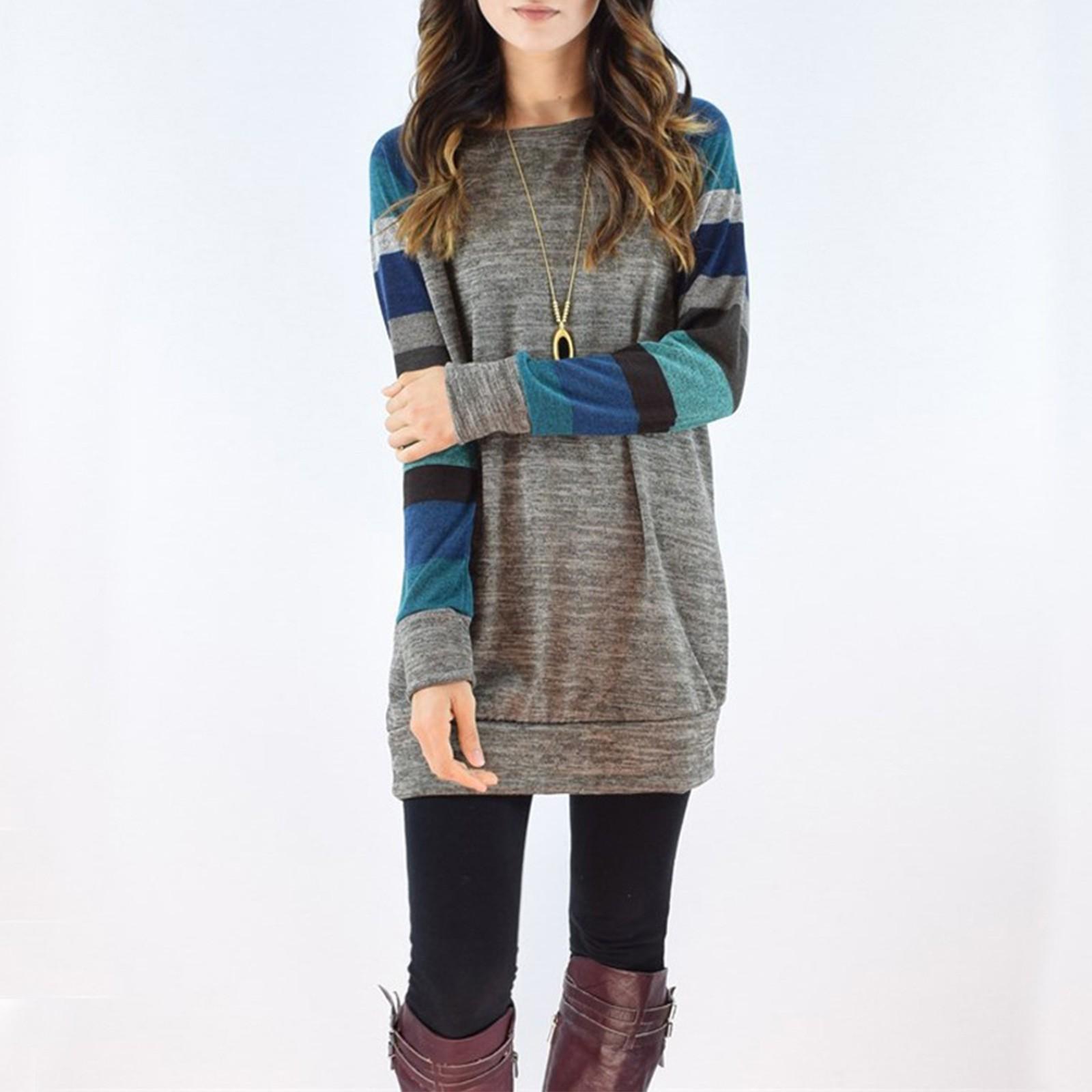 

Women s Loose Striped Shoulder Length Long Sleeved Color Blocked Round Neck Loose Top XL