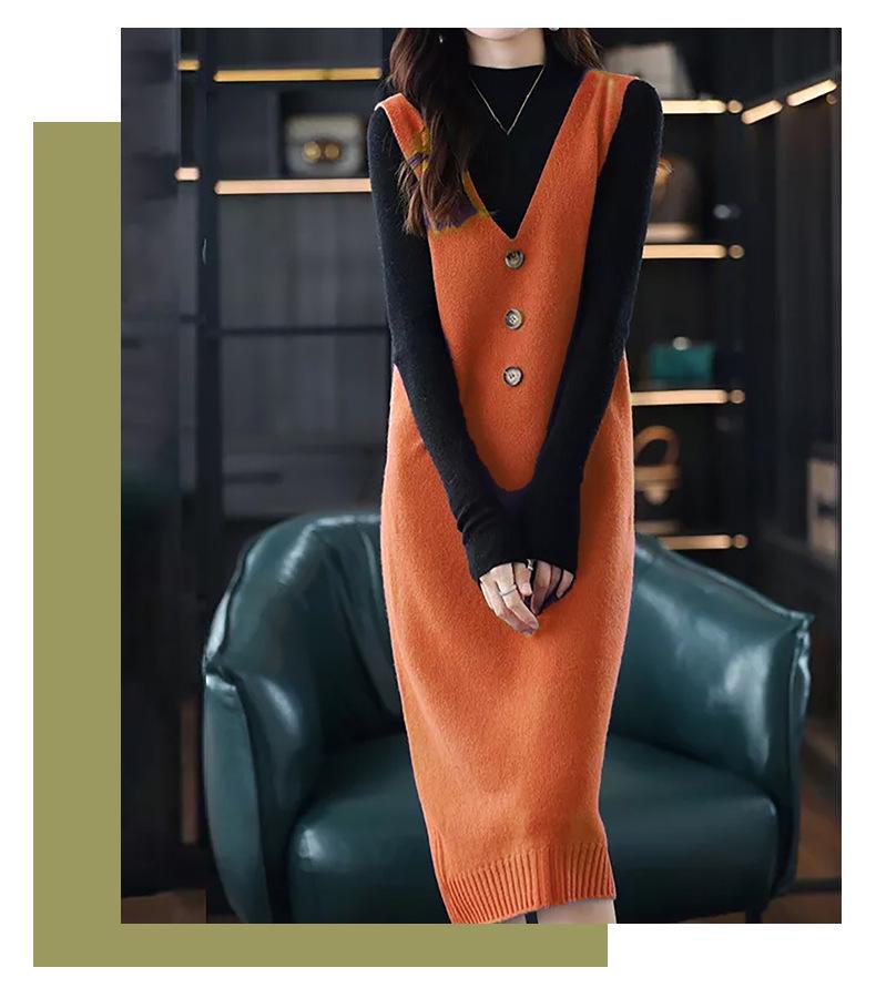 European Size Spring/Autumn Cross-Stitched Knitted Wool Vest Dress for Women