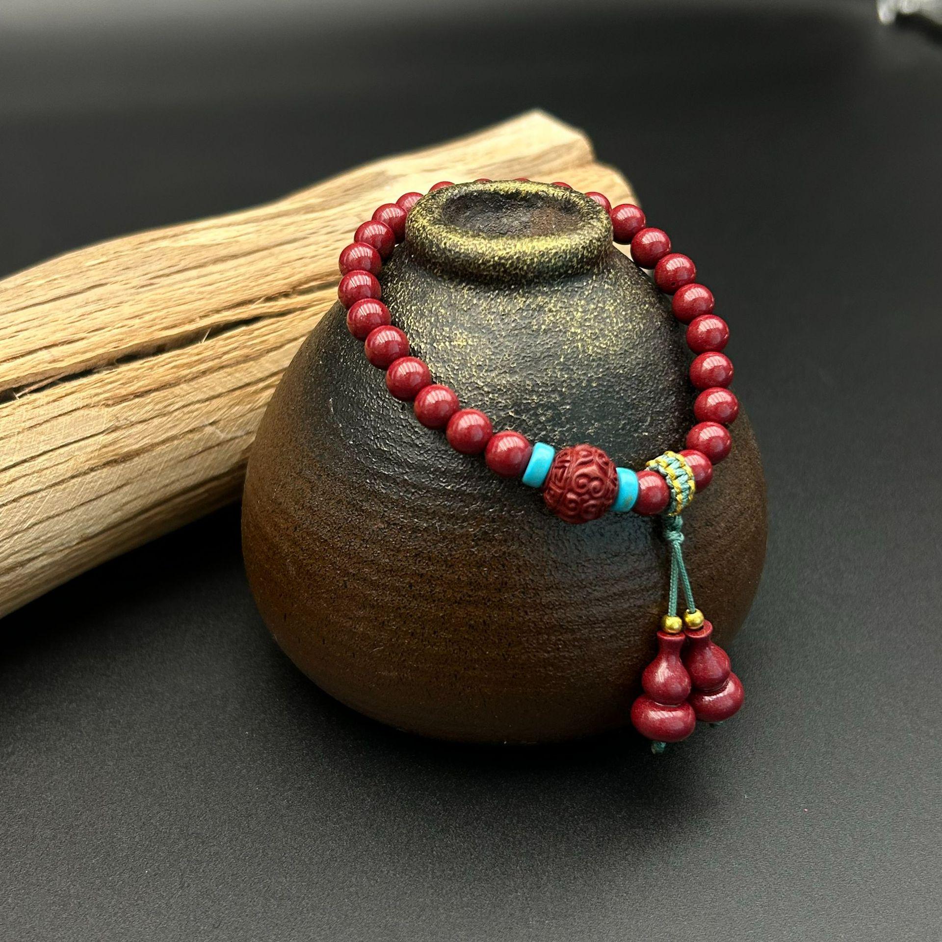 

Original Niche Design Cinnabar Bracelet with Purple Gold Sand Beads & Gourd Pendant