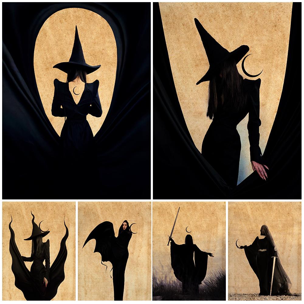

Таинственная ведьма в черной мантии, ретро-настенная картина маслом «Темный волшебник, обнимающий луну», плакат и печать